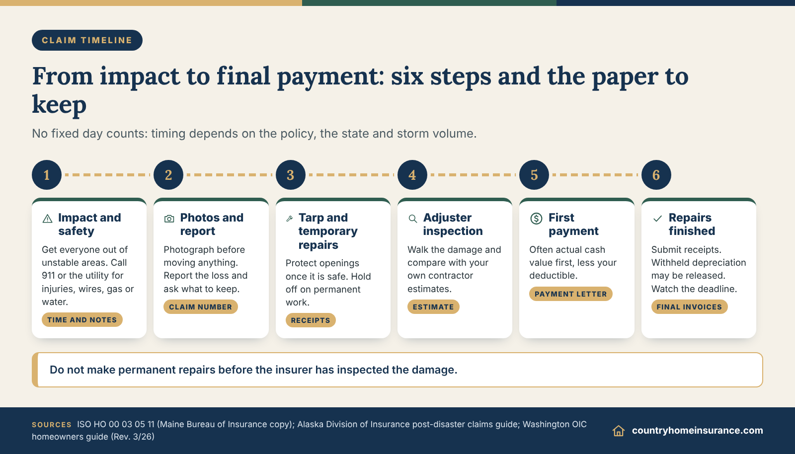 Infographic: six-step tree fell on house insurance claim timeline, from impact and photos to repairs and final payment