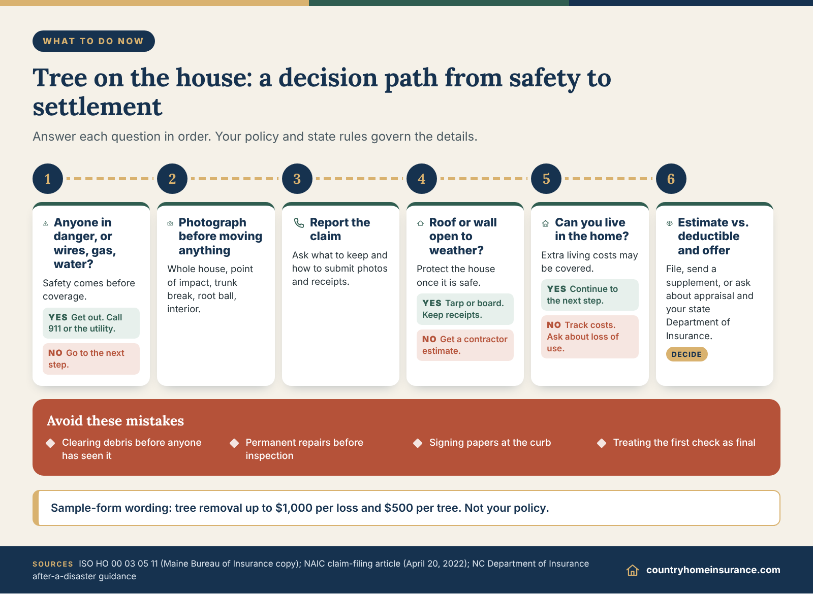 Infographic: decision path for a tree fell on house insurance claim, from safety checks to estimate and deductible