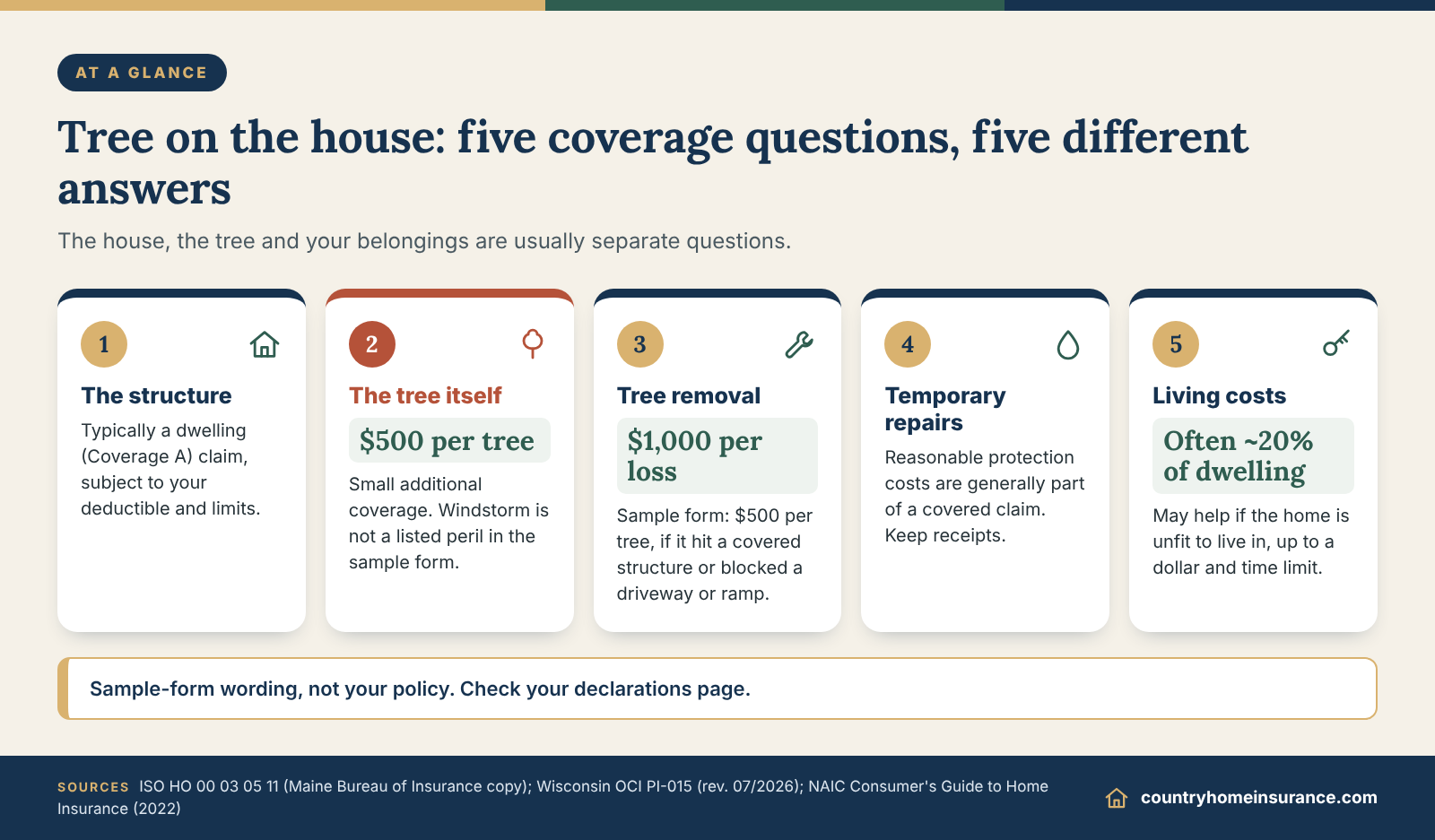 Infographic: five coverage questions after a tree fell on house insurance claim: structure, tree, removal, repairs, living costs