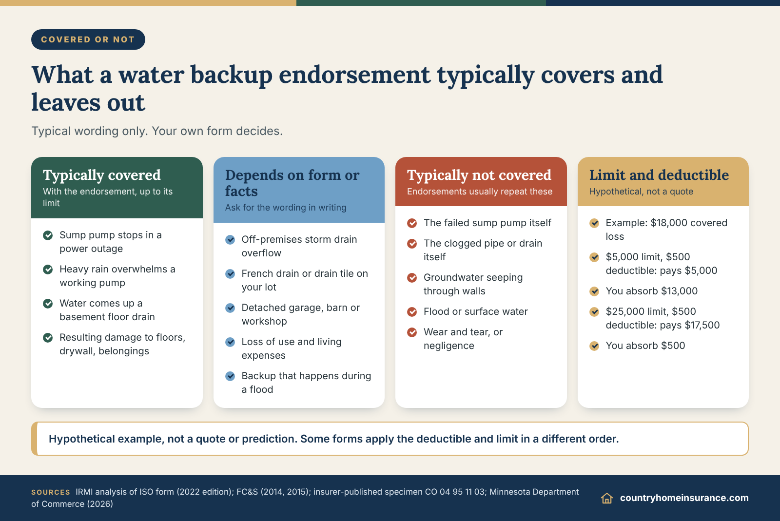 Infographic: water backup coverage homeowners insurance matrix of what is typically covered, excluded or depends on the policy