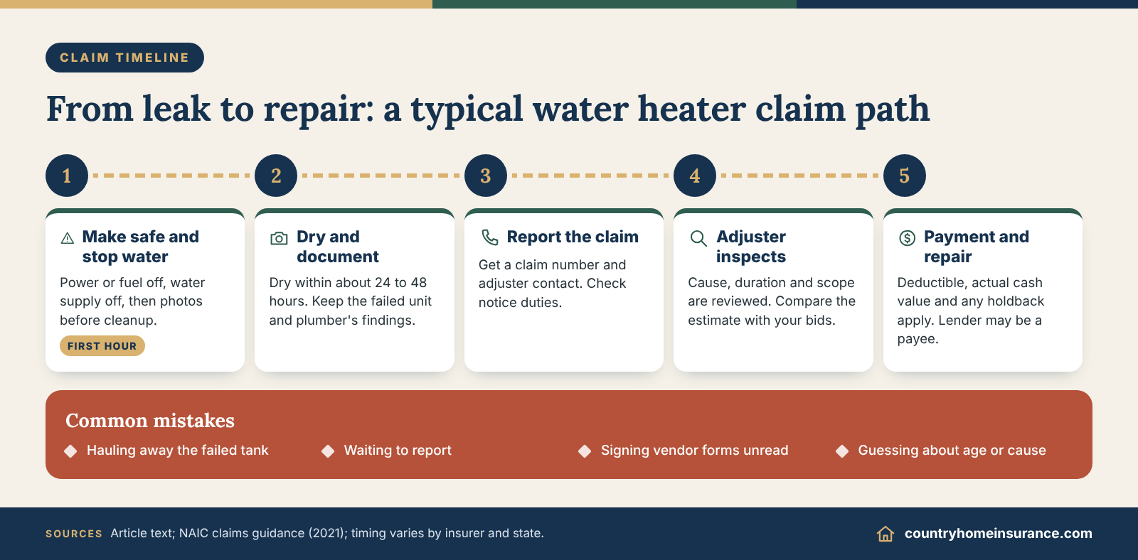 Infographic: water heater leak insurance claim timeline from shutoff and documentation through adjuster inspection to payment