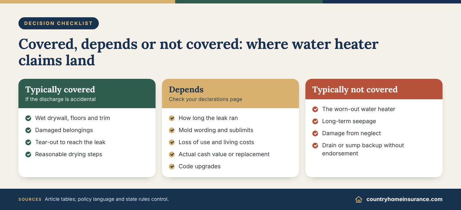 Infographic: decision checklist sorting typically covered, depends and typically not covered items in a water heater leak insurance claim