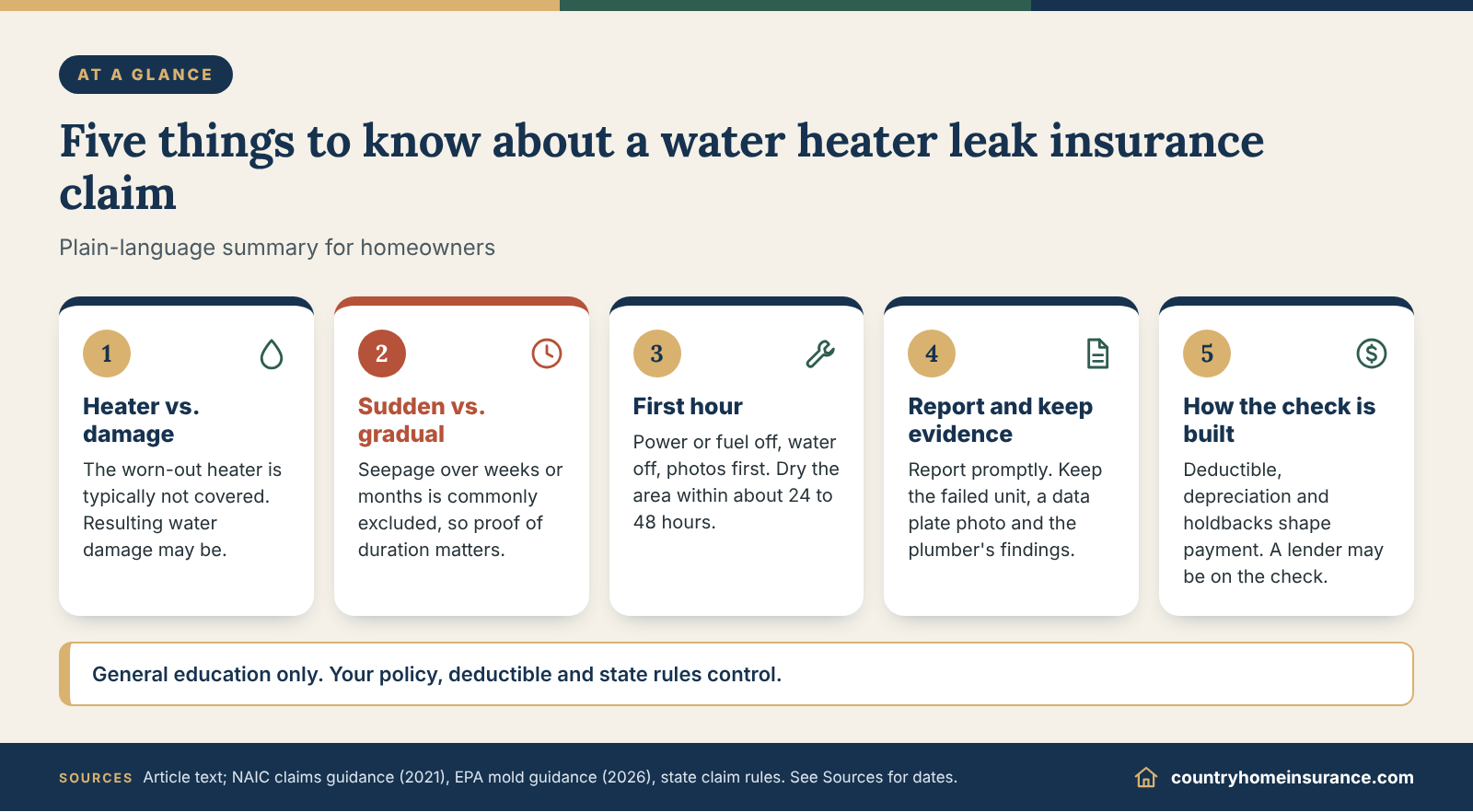 Infographic: five things to know about a water heater leak insurance claim, shown as numbered tiles