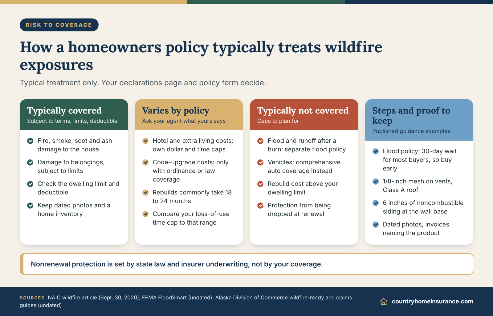 Infographic: wildfire insurance nonrenewal and coverage matrix of what a homeowners policy typically covers, varies on or excludes