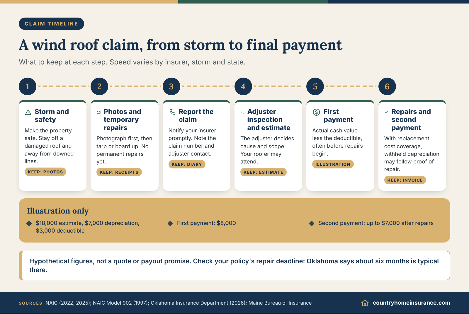 Infographic: six-step timeline of a wind damage roof insurance claim from storm and photos to adjuster and final payment