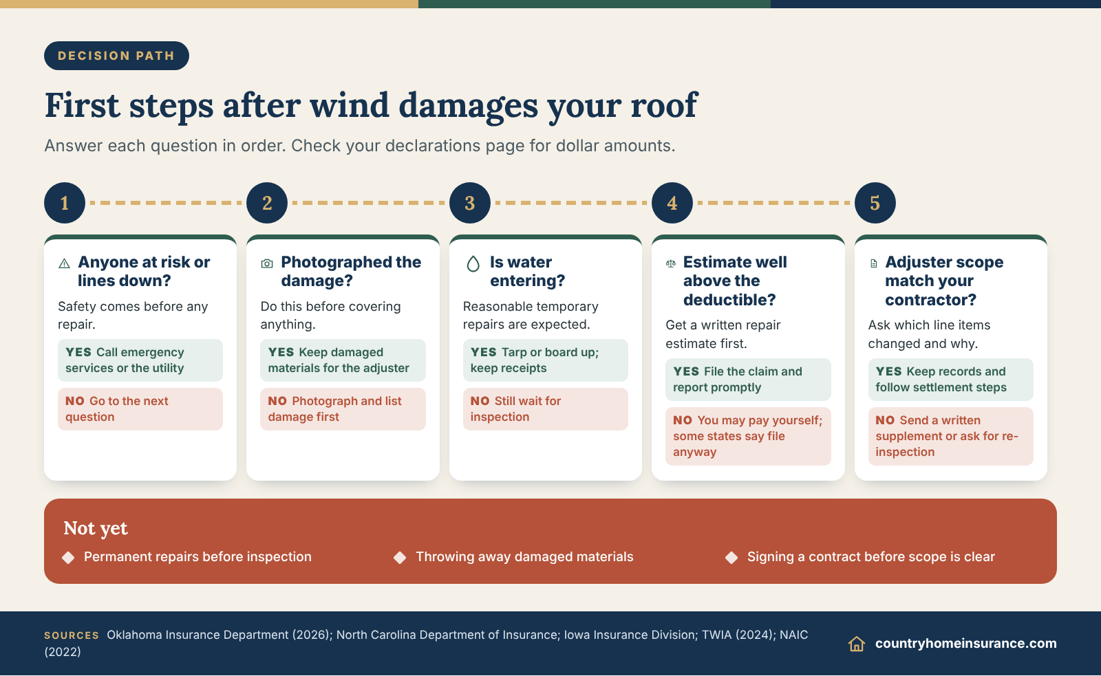 Infographic: decision path for a wind damage roof insurance claim, from safety and photos to filing and a supplement request